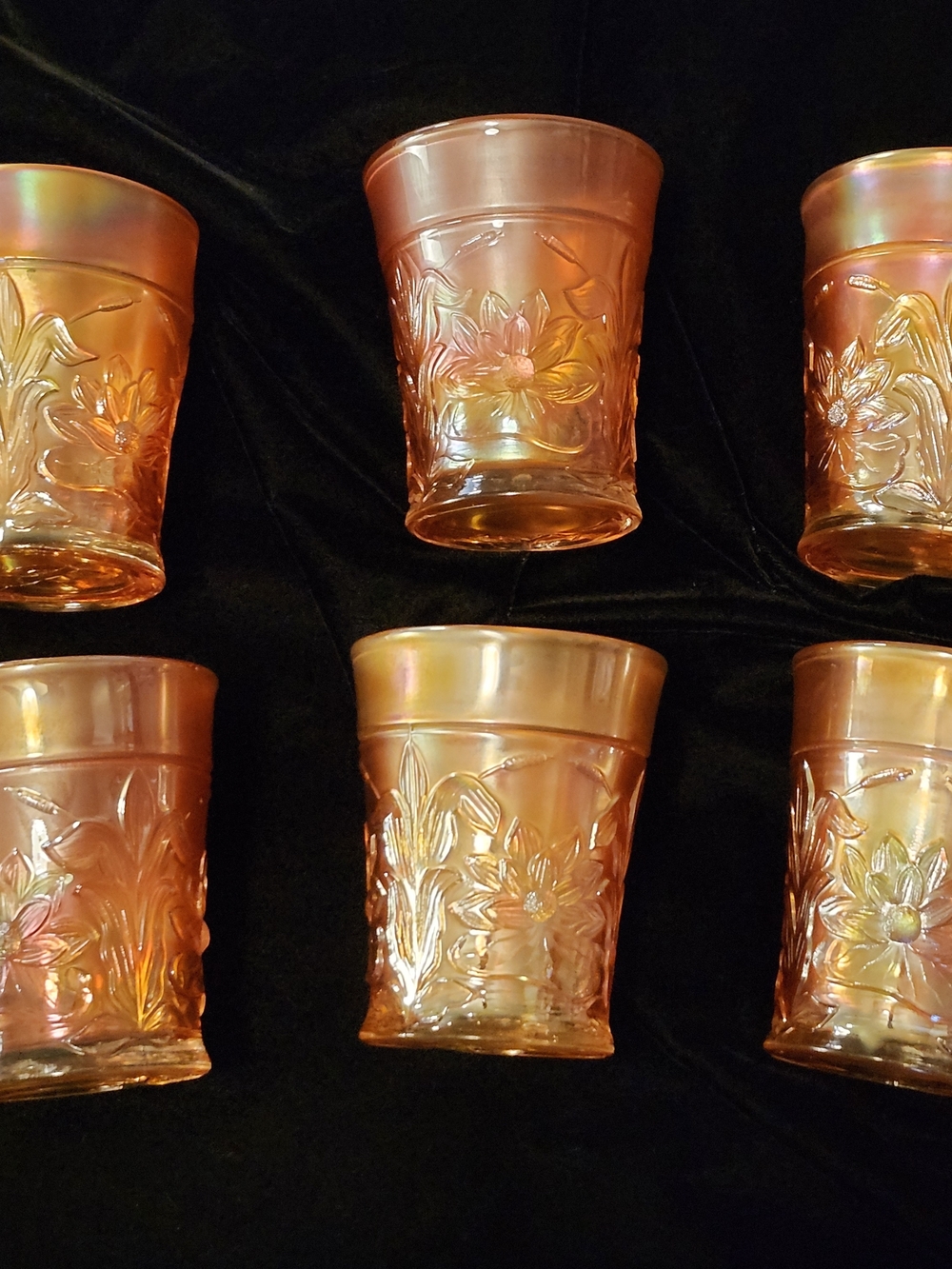 Iridescent Carnelian Carnival Glass Floral Tumbler SetSet Of 6 Antique Northwood